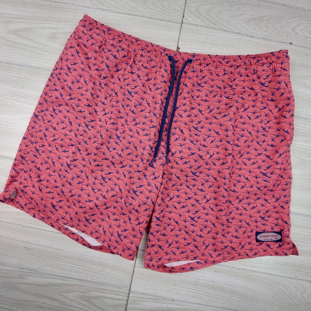 Vineyard Vines Swim Trunks Mens XL Red Blue Airplane Print Mesh Lined 7.5 Inseam